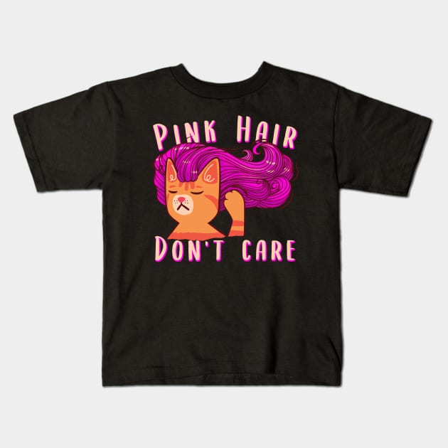 Pink Hair Don't Care Funny Pink Hair Cat Kids T-Shirt by SusanaDesigns